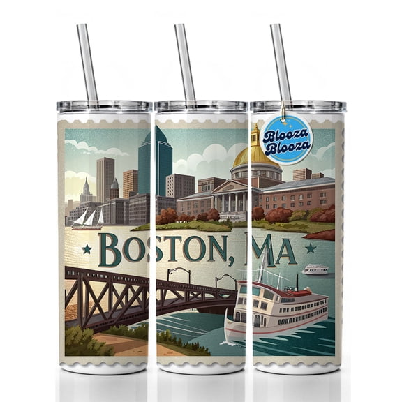 Boston, Massachusetts MA Travel City State Stamp 20oz Insulated Water Bottle Skinny Tumbler Includes Straw