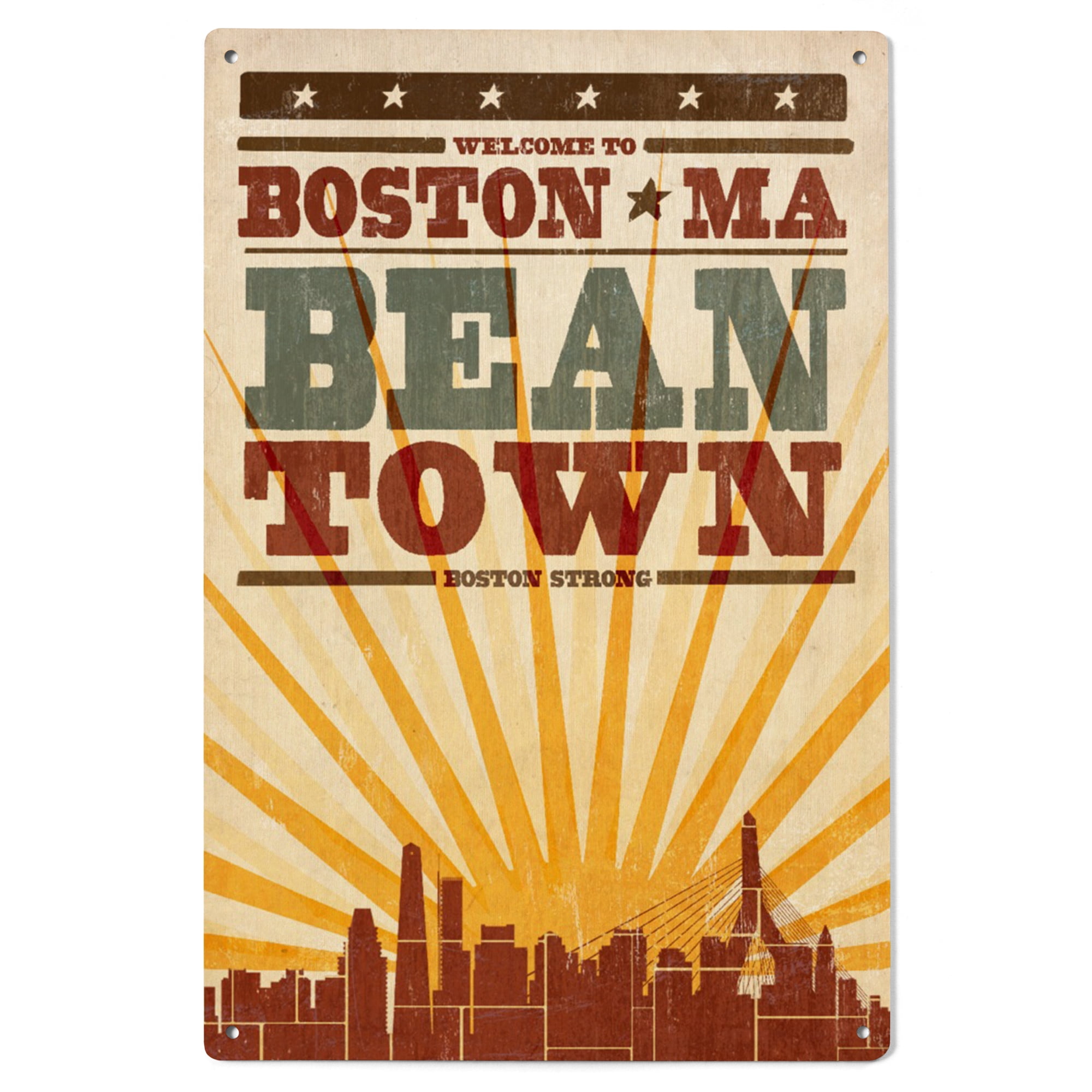 Boston, Massachusetts, Skyline and Sunburst Screenprint Style Birch ...