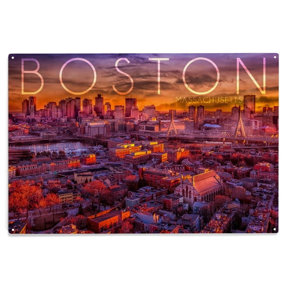 Boston, Massachusetts, Skyline at Sunset Birch Wood Wall Sign (10x15 Rustic Home Decor, Ready to Hang Art)