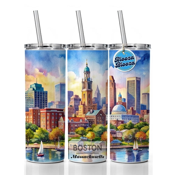 Boston Massachusetts Travel City Watercolor 20oz Insulated Water Bottle Skinny Tumbler Includes Straw