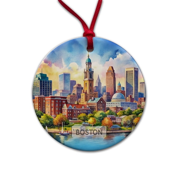 Boston Massachusetts Travel City Watercolor Christmas Tree Holiday Round Ceramic Ornament