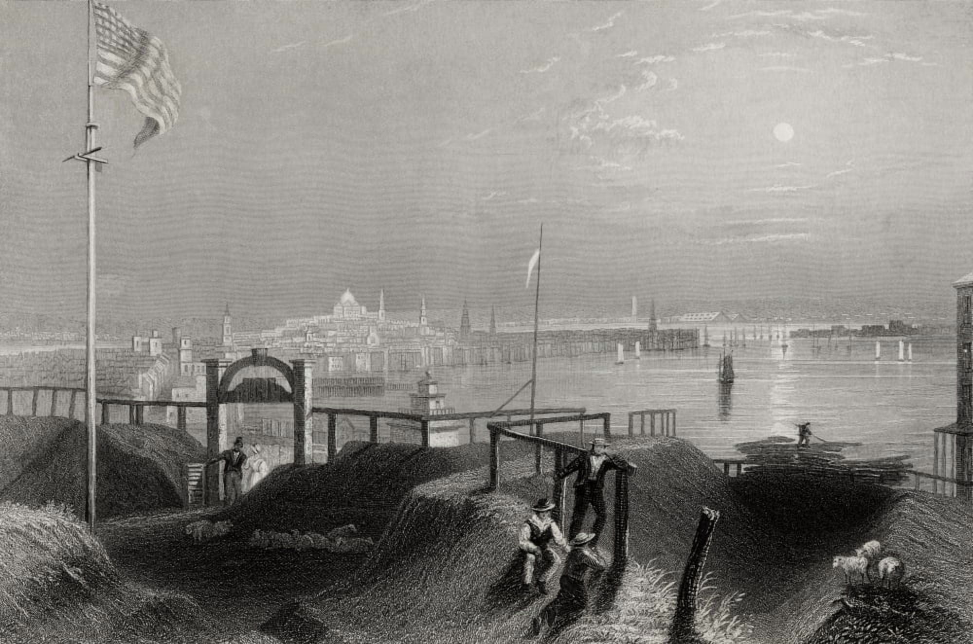 Boston Massachusetts Usa From The Dorchester Heights In The 19Th Century Engraved By J T Willmore After W H Bartlett Canvas Art - Ken Welsh Design Pics (17 x 11)
