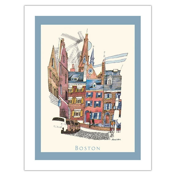 Boston Massachusetts - Vintage Airline Travel Poster by David Klein c.1950s - Bamboo Fine Art 290gsm Paper (Unframed) 17x22in
