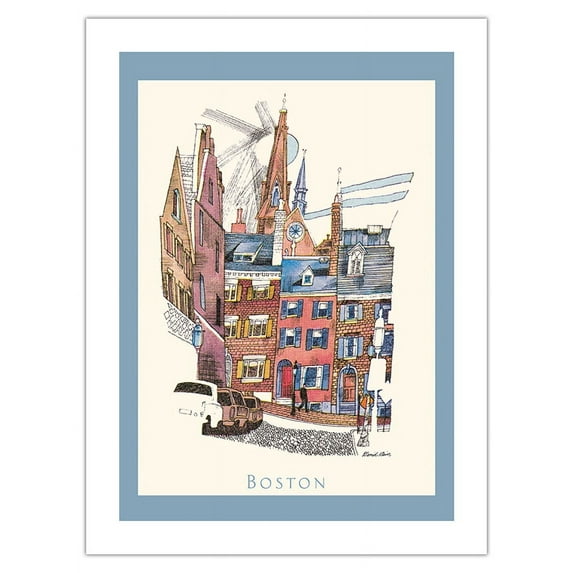 Boston Massachusetts - Vintage Airline Travel Poster by David Klein c.1950s - Fine Art Matte Paper Print (Unframed) 18x24in