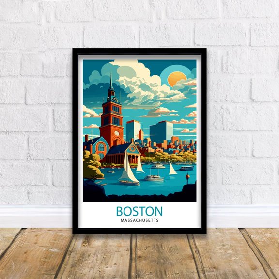 Boston Massachusetts Vintage Travel Poster Harbor Cityscape Print Sailboat Coastal Wall Art Retro Tourism Decor 8x12 UNFRAMED