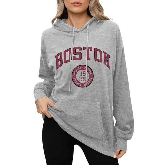Boston Print Hoodies for Women Long Sleeve Hooded Sweatshirt Fall Casual Pullover Sweater