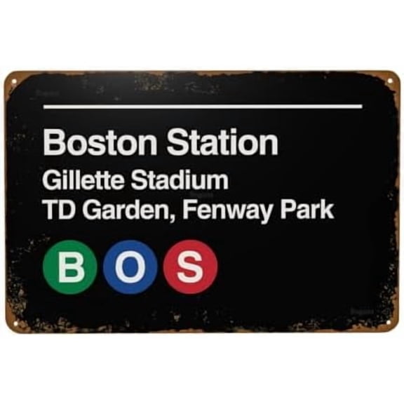 Boston Pro Sports Venue Subway Vintage Metal Sign, Retro Tin Signs Posters for Man Cave Bar Garage Car Room Streets Wall Decor Art 12 x 8 Inch