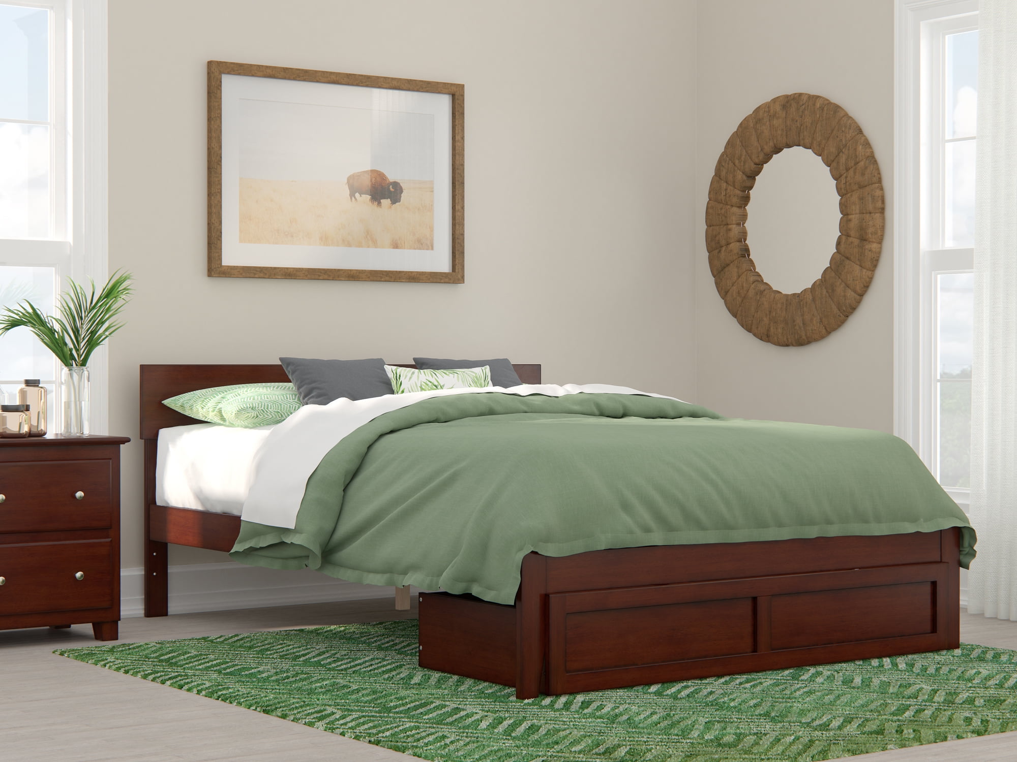 Walnut Queen Bed with Upholstered Headboard and Storage Drawer