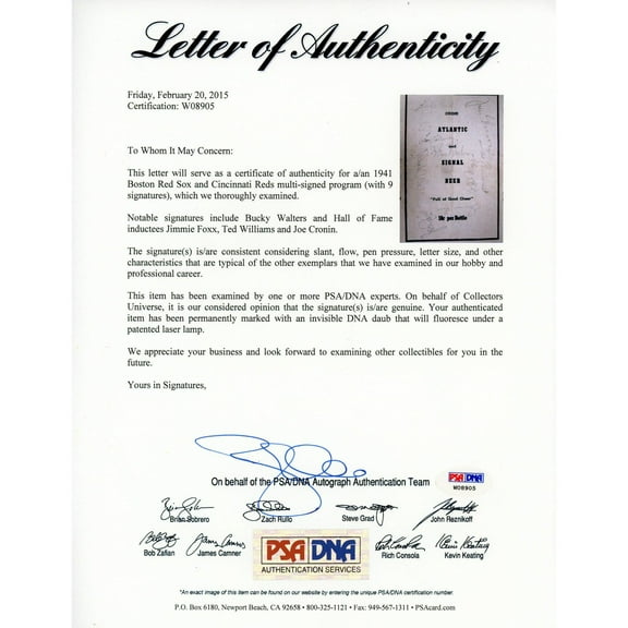 Boston Red Sox All Stars Autographed Program - PSA/DNA Certified