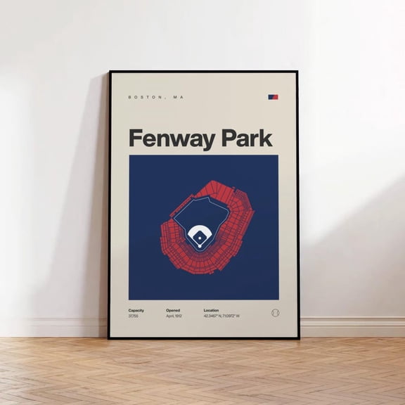 Boston Red Sox Poster, Fenway Park Stadium Print, Mid Century Modern Baseball Poster, Sports Bedroom Posters, Minimalist Office Wall Art 8x12 UNFRAMED
