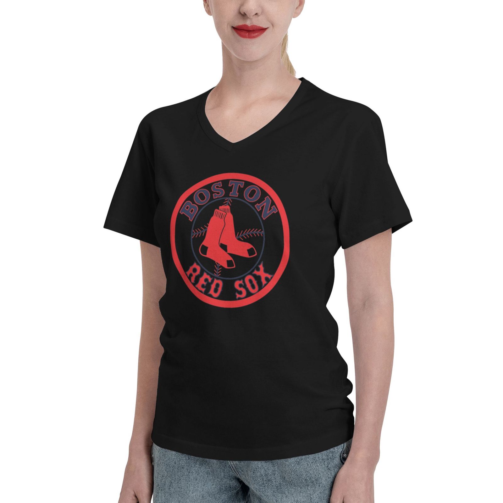 Boston_Red_Sox Women'S Novelty Primary Team V Neck Short Sleeve
