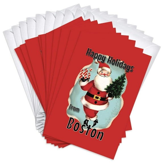 Boston Santa Holiday Christmas Cards | 20 Pack Bulk Set (4x6)
