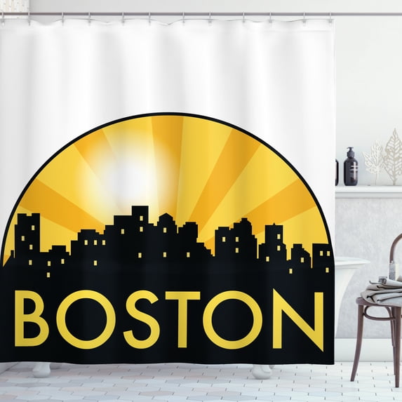 Boston Shower Curtain, City Landmarks with Semi Circle Radial Beamed Sun Effect Design, Fabric Bathroom Set with Hooks, 69W X 84L Inches Extra Long, Mustard Earth Yellow and Black, by Ambesonne