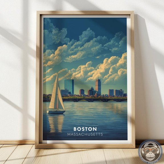 Boston Skyline Charles River Sailboat Art Print Massachusetts Travel Wall Decor, Unframed Poster