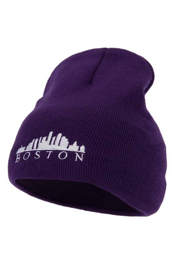 Boston Skyline Embroidered 8 Inch Knitted Short Beanie - Purple OSFM