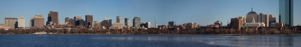 Boston Skyline Panoramic in winter on half frozen Charles River Massachusetts USA Canvas Art - Panoramic Images (36 x 12)