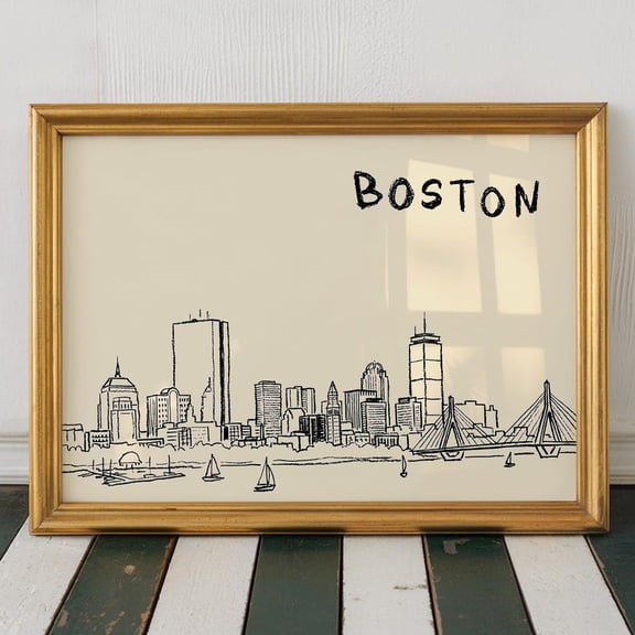 Boston Skyline Print Massachusetts Wall Art City Line Drawing Sketch Poster UNFRAMED PAPER POSTER, Home Decor, Vintage Gift, Living Room Dercor