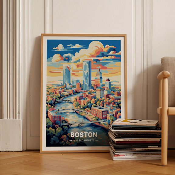 Boston Skyline Travel Massachusetts Mid Century Decor, Unframed Canvas 8x10in