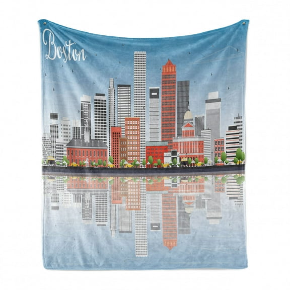 Boston Soft Flannel Fleece Blanket, Business Travel and Tourism Concept with Modern Buildings with Reflection in Water, Cozy Plush for Indoor and Outdoor Use, 60" x 80", Multicolor, by Ambesonne
