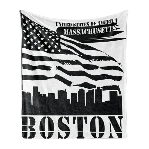 Boston Soft Flannel Fleece Blanket, Fluttering Grungy Design United States of America Flag Illustration with Text, Cozy Plush for Indoor and Outdoor Use, 50" x 70", Black and White, by Ambesonne