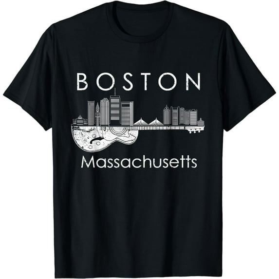 Boston Souvenir Men Massachusetts Skyline Music Guitar T-Shirt