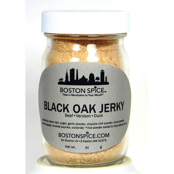 Boston Spice Black Oak Jerky HANDMADE Meat Seasoning Mix Blend Make Your Own Beef Poultry Venison Duck Alligator Elk Deer Jerky also great on Popcorn Approx. 1/2 Cup Spice Jar wt. 3.4oz/96g