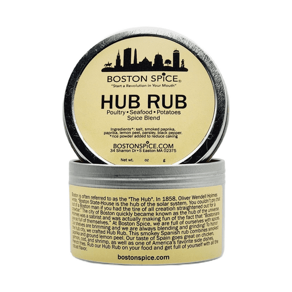 Boston Spice Hub Rub Hand Blended BBQ Grill Barbecue Smoker Oven Roast Saute Dry Spice Blend Rub Seasoning Poultry Chicken Vegetables French Fries Seafood Shrimp Fish 1c Spice wt. 5.5oz/158g Tin
