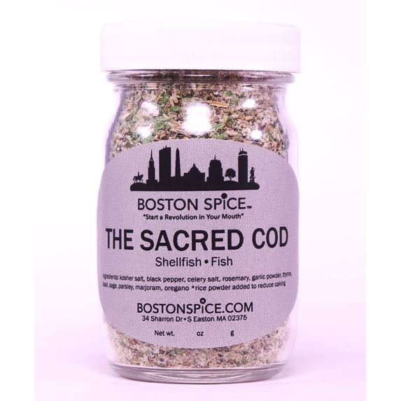 Boston Spice The Sacred Cod Handmade Gourmet Seafood Shrimp Scallops Fish Lobster Salmon Cod Haddock Bass Seasoning Blend Smoker Grilling Oven Barbecue Baked Roast BBQ Grill 1/2 Cup Jar wt. 1.8oz/51g