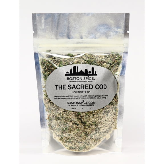 Boston Spice The Sacred Cod Handmade Gourmet Seafood Shrimp Scallops Fish Lobster Salmon Cod Haddock Bass Seasoning Blend Smoker Grilling Oven Barbecue Baked Roasted BBQ Grill 1 Cup wt. 3.7oz/106g