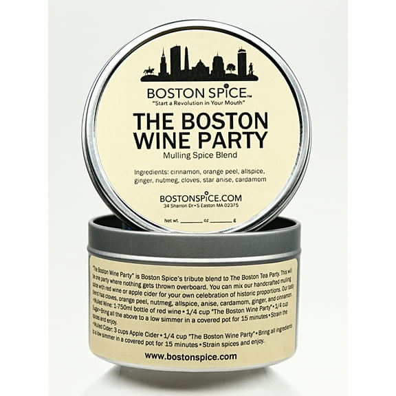 Boston Spice The Boston Wine Party Handmade Gourmet Hand Blended Mulling Spice Blend for Easy to Make Hot Warm Cold Mulled Red or White Wine and Mulled Apple Cider 3/4c wt. 3.7oz/105g Tin