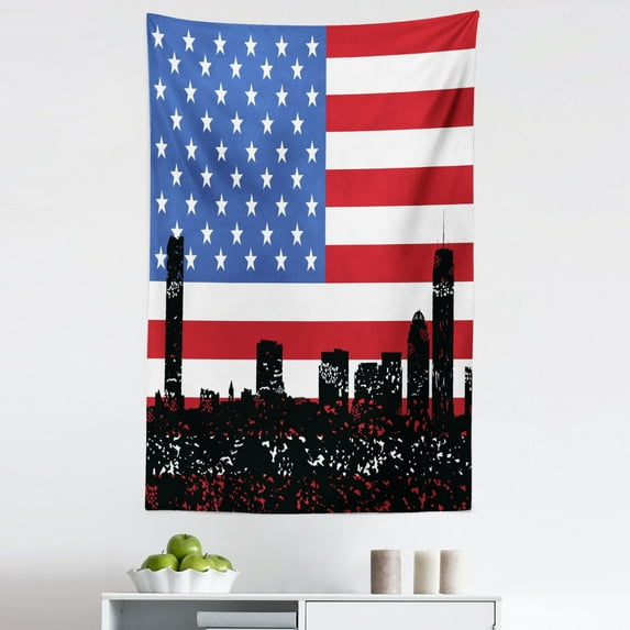 Boston Tapestry, Scattered Skyline of Buildings on Vibrant Color US Flag Background, Fabric Wall Hanging Decor for Bedroom Living Room Dorm, 5 Sizes, Cobalt Blue Black, by Ambesonne