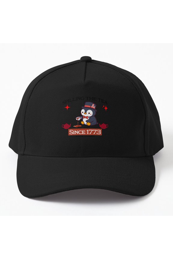 Boston Tea Party Penguin Baseball Cap, Historic Bird Character Graphic Design, Classic Hat