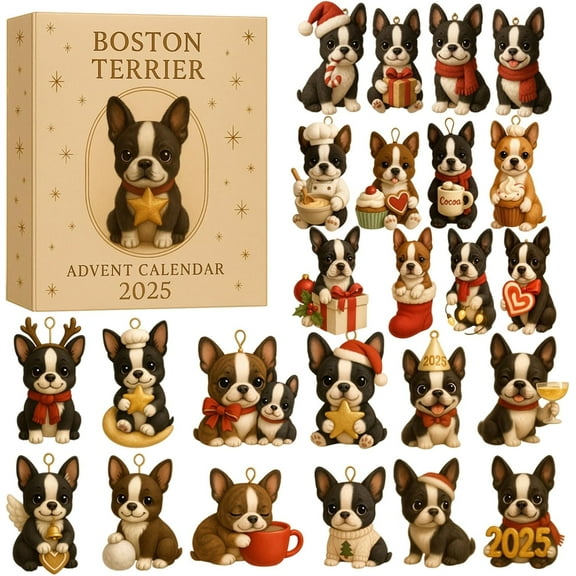 Boston Terrier Advent Calendar 2025,24 Days of Festive Boston Terrier Ornaments,Cute Mini Handmade Dog Themed Ornaments, Holiday Gift for Dog Lovers & Collectors