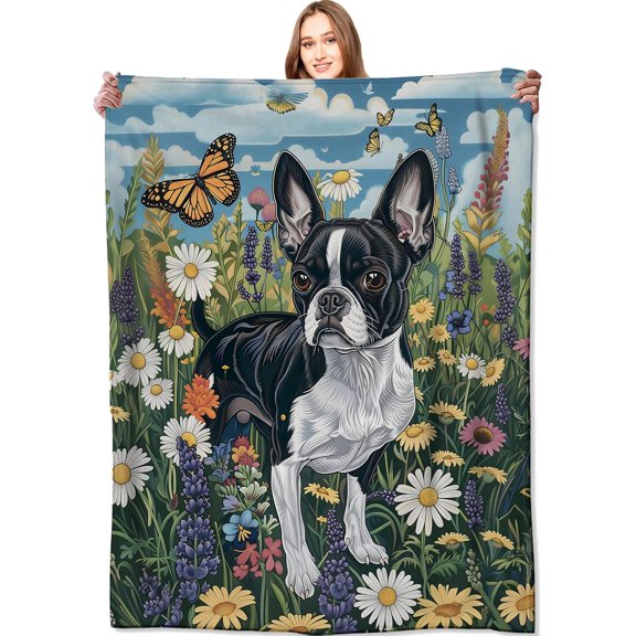 Boston Terrier Blanket Cute Dog Throw Blankets,Birthday Gifts for Kids Adult & Pet Lovers,Lightweight Soft Fleece with Wildflower and Butterfly,for Sofa Couch Bed Room Decor 50x60in
