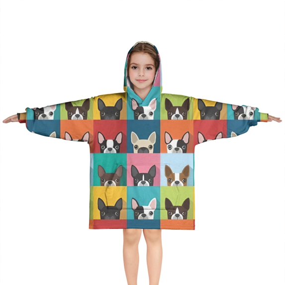 Boston Terrier Blanket Hoodies for Kids 6-13YR Oversize Wearable Blanket Hoodies for Boys Girls Teens