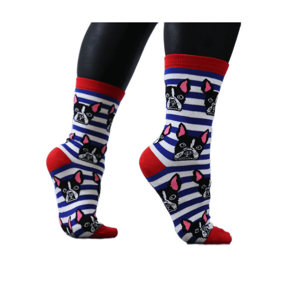 Boston Terrier Blue, Red and White Stripe Crew Length Socks | Dog Socks | Women size (6-10) Men size (5-9.5) Casual Socks Funny Funky Novelty Tube Socks