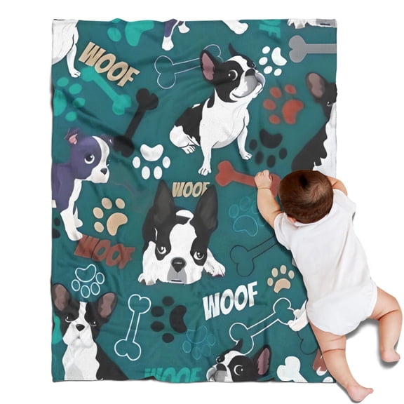 Boston Terrier with Bones and Paws Blanket,Comfortable Soft Lamb Wool Throw Blanket,All Season,Warm Lightweight Blankets for Sofa Bed Couch Living Room Chair,30"x40"