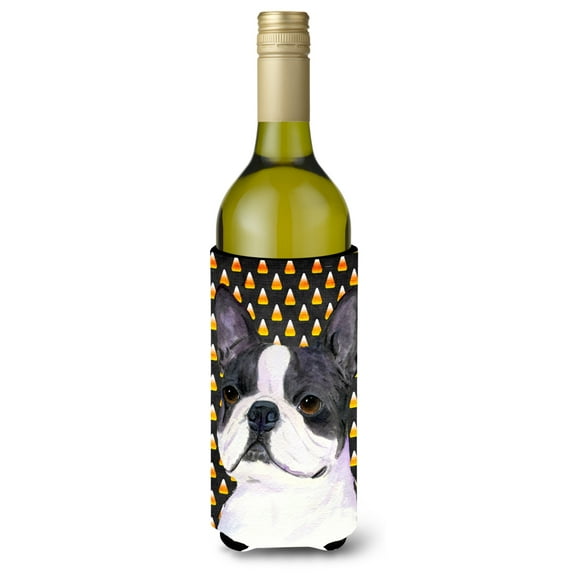 Boston Terrier Candy Corn Halloween Portrait Wine Bottle Hugger