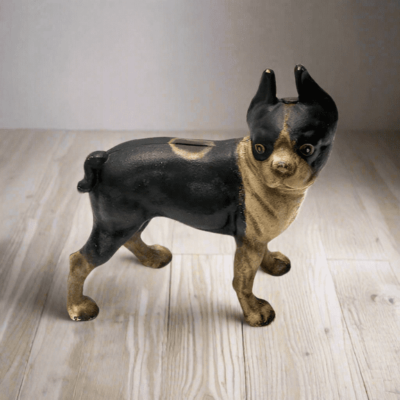 Boston Terrier Cast Iron Coin Bank With Painted Antique Finish (10" x 8")