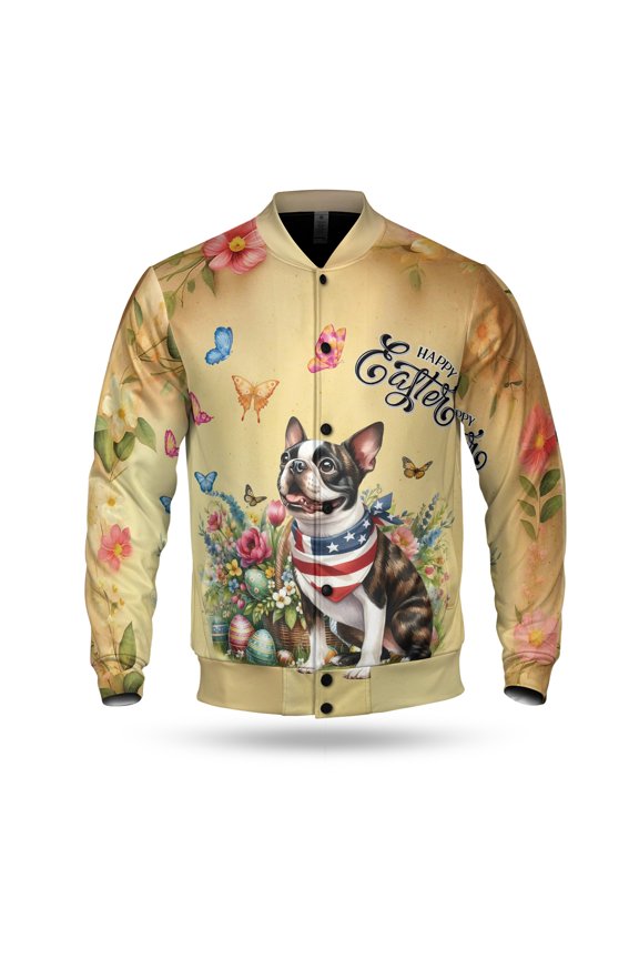 Boston Terrier Celebrates Spring and Enjoys a Happy Easter All Over Print 3D Baseball Jacket Gentleman Dog Lover Gifts Bomber Jacket Softball - 02001