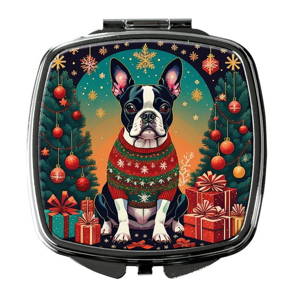 Boston Terrier Christmas Compact Mirror 2.75 in x 3 in