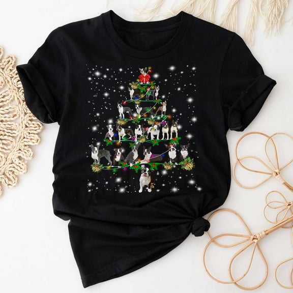 Boston Terrier Christmas Tree T-Shirt, Funny Dog Lover Gift, Bostie Dog Christmas Lights Shirts, Christmas Shirts for Women Men