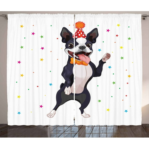 Ambesonne Boston Terrier Curtains 2 Panel Set, Birthday Dog, 108" x 63", Multicolor