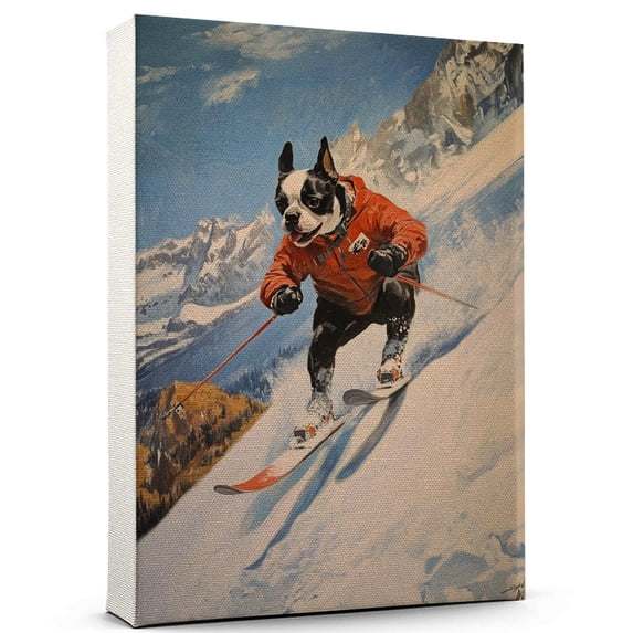 Boston Terrier Cute Dog Skiing Stretched Canvas Size 8x12 – Retro Boston Terrier Dog Batter in Action With Skiing for Themed Living Room