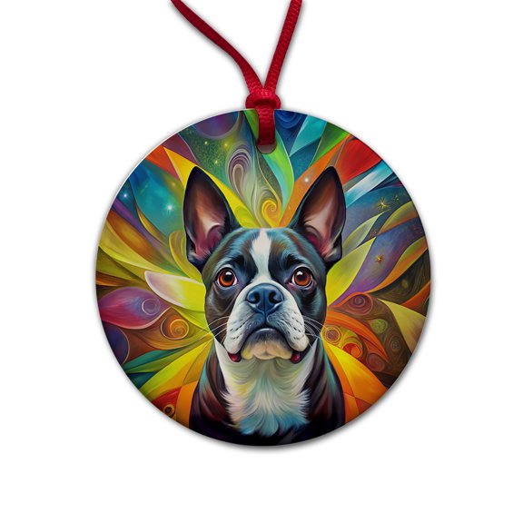 Boston Terrier Dog Abstract Art Christmas Tree Holiday Round Ceramic Ornament