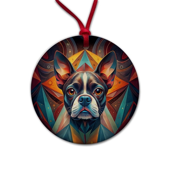 Boston Terrier Dog Abstract Stylized Art Christmas Tree Holiday Round Ceramic Ornament