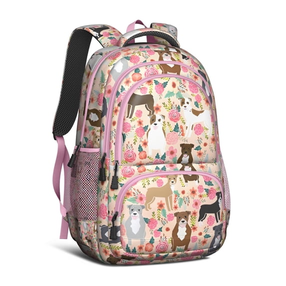 Boston Terrier Dog and Flower Florals Backpack for School,Cute School Bag,Schoolbag with Adjustable Shoulder Straps & Padded Back,16.9 Inch
