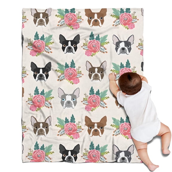 Boston Terrier Dog and Flower Florals Blanket,Comfortable Soft Lamb Wool Throw Blanket,All Season,Warm Lightweight Blankets for Sofa Bed Couch Living Room Chair,30"x40"
