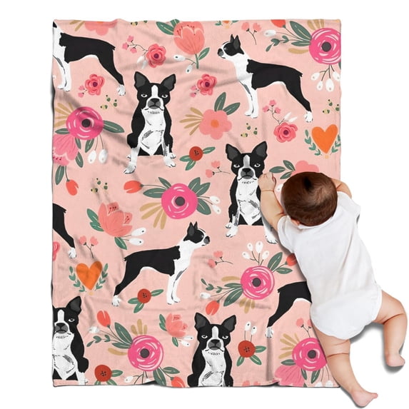 Boston Terrier Dog and Flower Florals Blanket,Comfortable Soft Flannel Throw Blanket,All Season,Warm Lightweight Blankets for Sofa Bed Couch Living Room Chair,30"x40"(80x100cm)