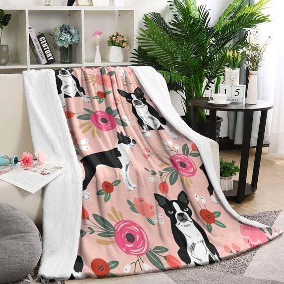 Boston Terrier Dog and Flower Florals Blanket,Comfortable Soft Lamb Wool Throw Blanket,All Season,Warm Lightweight Blankets for Sofa Bed Couch Living Room Chair,60"x80"
